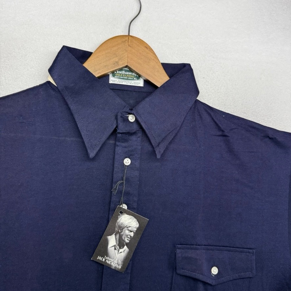 Vintage Hathaway Polo Shirt men's XL Blue Knit Golf Cotton Lisle Point 70s NEW